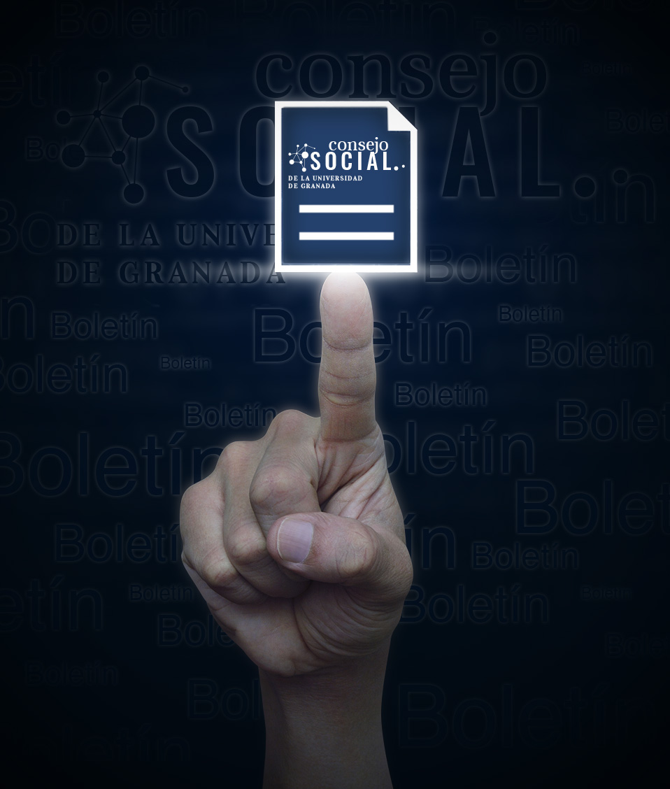 Ilustración de un dedo tocando un fichero con el logo del consejo social y una nube de palabras boletín alrededor