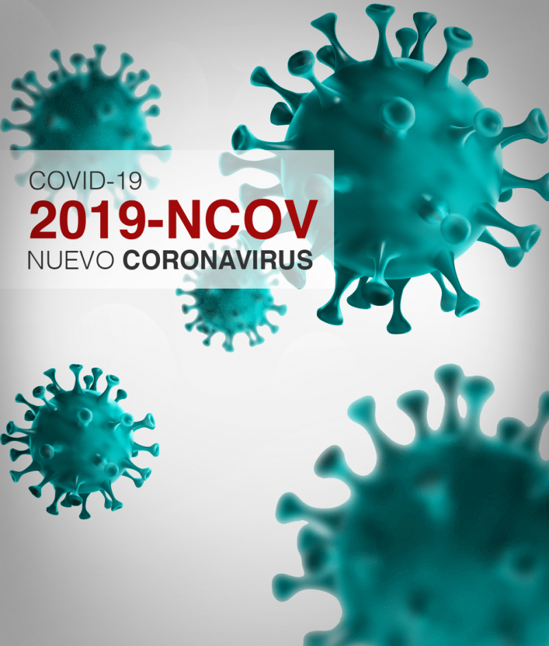 Una composición muestra la estructura de un virus así como un cartel con la información COVID-19 NUEVO CORONAVIRUS