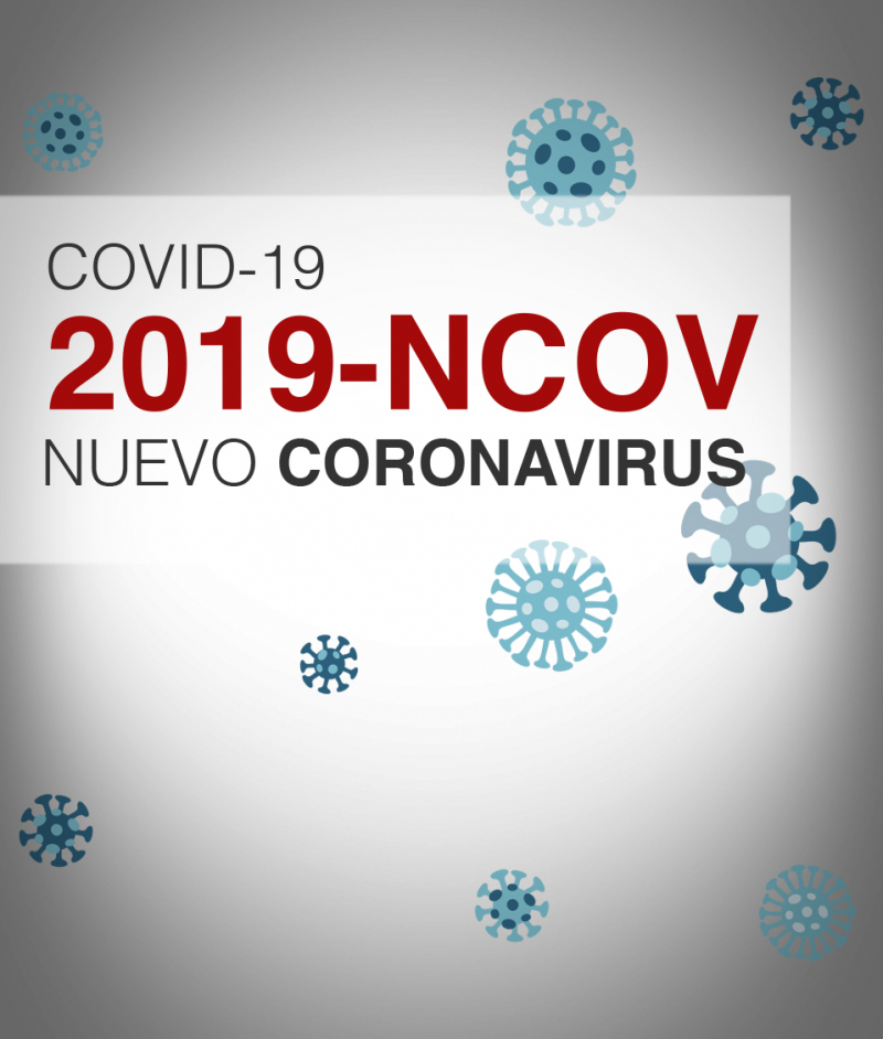 Una composición muestra la estructura de un virus así como un cartel con la información COVID-19 NUEVO CORONAVIRUS